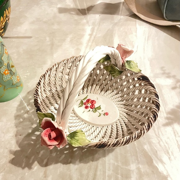 Capodimonte Vintage Porcelain Woven Basket with Flowers